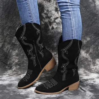 Женские сапоги в западном стиле, осенние винтажные однотонные рыцарские ботинки, женская обувь на высоком каблуке с вышивкой, большие размеры, женские ковбойские сапоги до середины икры