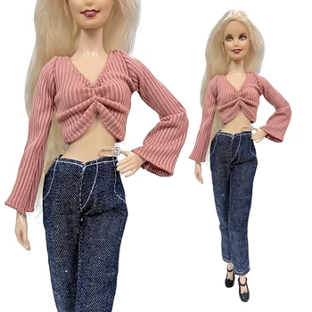 NK 1 Комплект Благородной кукольной модели взлетно-посадочного платья: летний стиль, розовый дизайнерский топ + модные джинсы Для куклы Барби, игрушки, Аксессуары для дома, ПОДАРОК