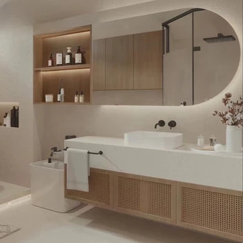 Цзяньмэй Французский ротанг массив дерева японский шкаф для ванной комнаты шифер умывальник зеркальный шкаф комбинированная настройка