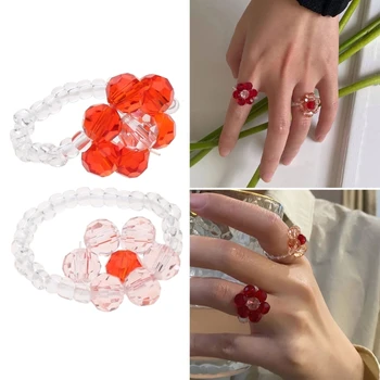Кольца с цветами из нескольких бусин, Искусственные хрустальные геометрические кольца для женщин, девочек, Минималистичные Многослойные кольца для вечеринок, Красный/Розовый челнок