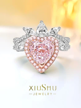 Кольцо с искусственным розовым бриллиантом из стерлингового серебра 925 пробы, инкрустированное высокоуглеродистыми бриллиантами, элегантный дизайн, универсальная сладкая красота