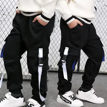Штаны для мальчиков, повседневные спортивные штаны для мальчиков-подростков, эластичный пояс, с несколькими карманами, Модные Корейские детские длинные штаны для 3-14 лет