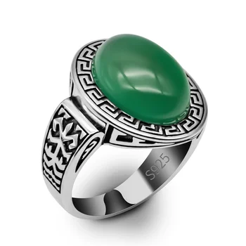 Мужское кольцо из стерлингового Серебра 925 пробы с круглым Зеленым камнем Оникс Ювелирный Подарок Серебряная Рука Свадебное Кольцо с Агатом