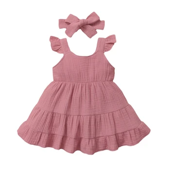 Новая летняя одежда для младенцев от 6 до 4 лет Хлопковое платье для маленьких девочек Детские платья принцесс + лента для волос Детская одежда