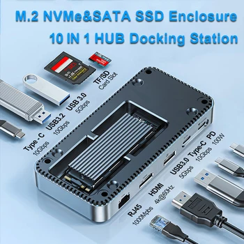 10 В 1 USB-КОНЦЕНТРАТОР Док-станция M2 NVMe SATA SSD Корпус 4K 60Hz HDMI-Совместимый 1000 Мбит/с RJ45 PD 100 Вт SD TF Card Reader Splitter