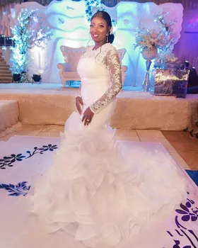 Свадебные платья в стиле Африканской русалки с шлейфом, кружевные платья с длинными рукавами и оборками, свадебные платья из органзы