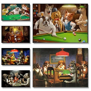 Абстрактные Забавные Животные Собаки Играют В Покер, Играют В Бильярд Холст Живопись Плакаты Печать Настенных Художественных Картин Гостиная Домашний Декор