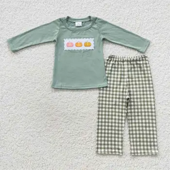 День Благодарения, Детская одежда с вышивкой в виде тыквы для мальчика, Детская Зеленая хлопчатобумажная рубашка, Пижамный комплект, Клетчатые штаны, детская одежда для малышей