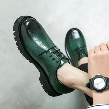 Мужская высококачественная модная повседневная обувь на шнуровке с круглым носком и толстой подошвой, обувь из зеленой кожи повышенной комфортности, обувь делового стиля