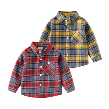 Рубашка в клетку для мальчиков, Осень 2023, Новый стиль, Детская повседневная одежда из хлопка с длинными рукавами для малышей