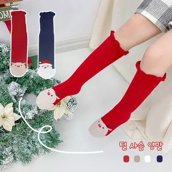 Осенне-зимние Детские Корейские кружевные Рождественские носки с длинными рукавами для девочек из мультфильма, большие красные праздничные носки для телят, хлопок
