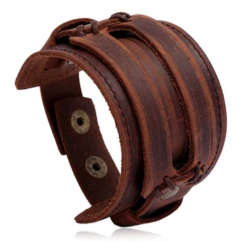 Ретро коричневый двухслойный широкий браслет из натуральной кожи, мужской женский винтажный браслет унисекс, ювелирный аксессуар, браслет в стиле панк
