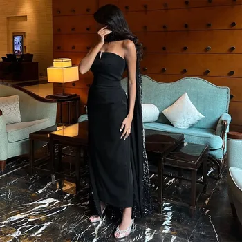 Саудовская Аравия Женщины носят черные выпускные платья без бретелек длиной до щиколоток, вечерние платья для вечеринки по случаю Дня рождения с пайетками, бесплатная доставка