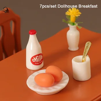 7 шт./компл. Кукольный домик, набор посуды для молока и яиц, Кукольный домик, мини-модель еды для завтрака для кукольного домика 1: 12, аксессуары для сцены кухни в кукольном домике