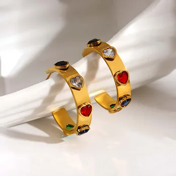 Модные женские серьги-кольца Freetry из нержавеющей стали с разноцветным цирконом в виде сердца, золотые, серебряные серьги-кольца, ювелирный подарок