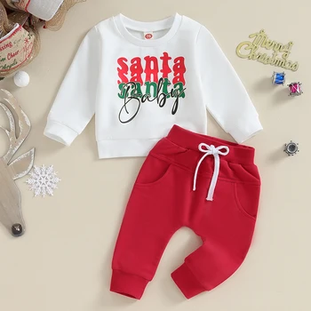 Повседневные рождественские наряды для маленьких мальчиков, толстовки с длинными рукавами и буквенным принтом, однотонные длинные брюки, комплект зимней рождественской одежды из 2 предметов, 2 шт.