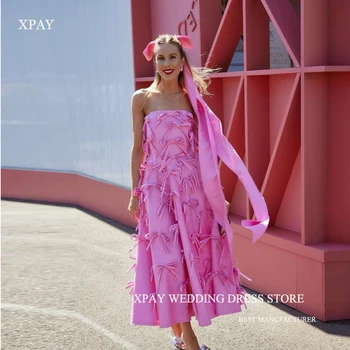 XPAY Ярко-розовые атласные вечерние платья без бретелек из Дубая, арабские женские платья для выпускного вечера длиной до щиколоток с бантом, летняя юбка Vestidos