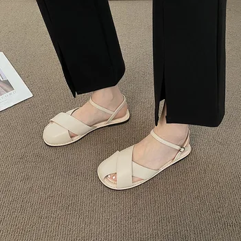 Римские сандалии Комфортная обувь для женщин 2023, Летние туфли на высоком каблуке с ремешками, женский бежевый пляжный костюм-гладиатор, Низкий черный Аутси