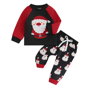 Рождественские наряды для малышей из 2 предметов, свитшоты с вышивкой Санта Клауса и штаны, комплект теплой одежды для малышей