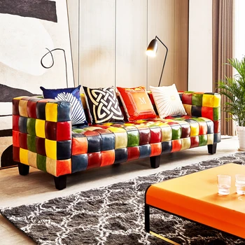 Креативный диван Интернет-знаменитостей Цветной Мозаичный Кожаный диван Для гостиной Одноместный Двухместный диван Для маленькой квартиры Кожаный диван