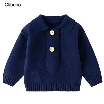 2024 Clibeso/ Детский Вязаный Свитер для мальчиков, Зимний Однотонный Трикотаж-Поло для младенцев, Вязаный Топ, Одежда для Мальчиков От 2 до 7 лет