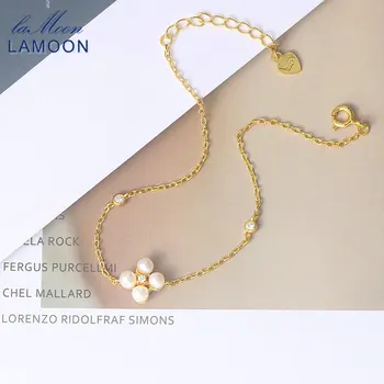 LAMOON Браслет из пресноводного жемчуга для женщин из стерлингового серебра 925 пробы, Женские браслеты с подвесками, 14-каратное позолоченное ювелирное изделие LMHI067