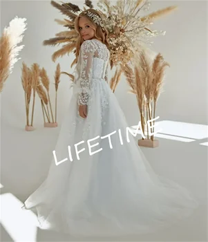 Платье для девочки в цветочек, Белая пышная тюлевая наклейка, расшитое бисером Свадебное элегантное платье в цветочек для первого Евхаристического дня рождения ребенка