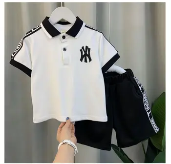Детская рубашка-поло для мальчиков, летняя красивая одежда интернет-знаменитостей с коротким рукавом, модный крутой комплект футболок из двух частей