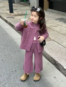 Модный осенне-зимний теплый костюм для девочек, Новый Детский Мягкий вязаный милый свитер + Свободные брюки, одежда для маленьких детей, повседневный комплект из 2 предметов