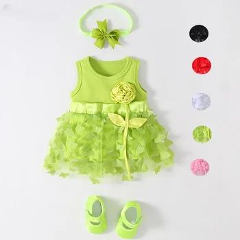Милое Платье с Бабочкой для Маленьких Девочек от 0 до 3 лет, Повязка на голову с 3D Цветами и Обувь для Летних Вечеринок