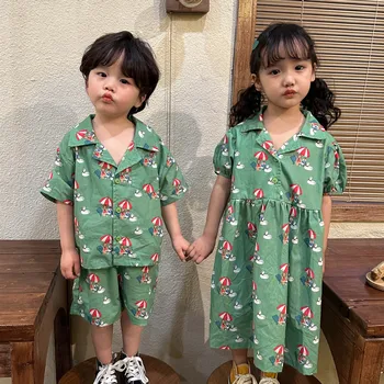 deer jonmi 2023 Летние Детские комплекты в корейском стиле с мультяшным принтом, рубашки с коротким рукавом, шорты, 2 предмета, платье для маленьких девочек с пышными рукавами