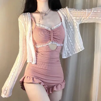 Купальник Sweet Girl из двух частей, розовый, в студенческом стиле Laurie, праздничный купальник для похудения, солнцезащитная пляжная юбка с длинными рукавами