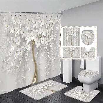 Элегантный букет фантастических белых цветов Занавеска для душа в 3D стиле Занавеска для ванной с ковриком для ванной Набор ковров Цветочный декор для дома
