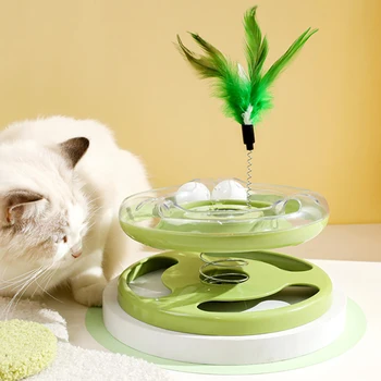 YOUZI ABS Pet Cat Turntable Игрушки-Головоломки Top Spring Feather Cat Balls Интерактивные Игрушки Веселый Физический Тренажер Для Домашних Кошек