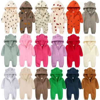 2023, Зимний флисовый комбинезон с капюшоном для новорожденных, Однотонный Хлопковый Толстый Теплый Повседневный комбинезон с медведем, Корейская одежда для младенцев 0-24 м