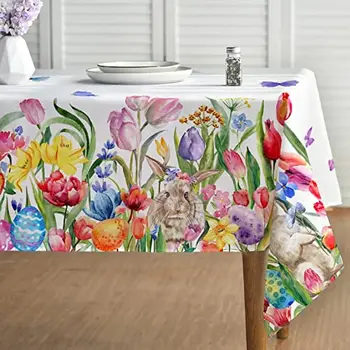 Пасхальная водонепроницаемая прямоугольная скатерть для украшения праздничных вечеринок, Весенне-летние скатерти с цветочным кроликом для украшения кухни