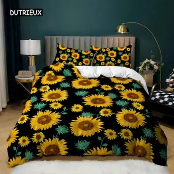 Комплект пододеяльников с подсолнухом Королевского размера, желтое стеганое одеяло с цветочным принтом, комплект постельного белья для двоих с цветами из микрофибры