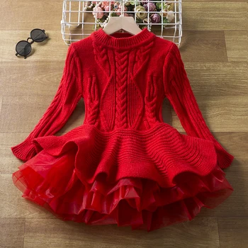 Вязаное Рождественское платье с длинными рукавами для девочек, осенне-зимнее теплое модное красное платье для девочек, костюм принцессы для вечеринки в честь Дня рождения, детское праздничное платье