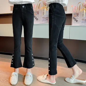 Джинсы для девочек, низ штанин с жемчугом, Весна-осень, новые поступления, корейские повседневные эластичные джинсовые брюки для подростков