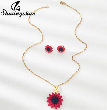 Винтажные ожерелья Sunshine Sunflower Для женщин, Корейская мода, Красочная Длинная цепочка, женское ожерелье с подвеской в виде Цветка Солнца, Комплект ювелирных изделий