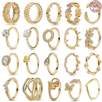 Кольцо с подвесками серии Gold color из стерлингового серебра 925 пробы, блестящий лист гинкго, корона, круглое сердце, кольцо с бабочкой, изысканные женские украшения