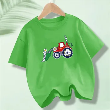 Летняя футболка для детей, хлопковые футболки для малышей с коротким рукавом, топы с рисунком мультяшного автомобиля-бульдозера, Дышащая детская одежда для мальчиков