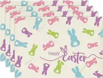 Bunny Rabbit Красочные Салфетки Happy Easter Набор из 4 сезонных весенних ковриков размером 12x18 дюймов для праздничного стола на кухне-столовой
