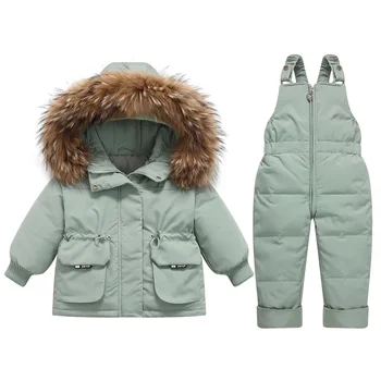 -30 градусов, Комплекты детской одежды, Зимние куртки + комбинезон, 2 шт., Детский Зимний костюм для маленьких мальчиков и девочек, пальто на утином пуху, Брюки, костюм