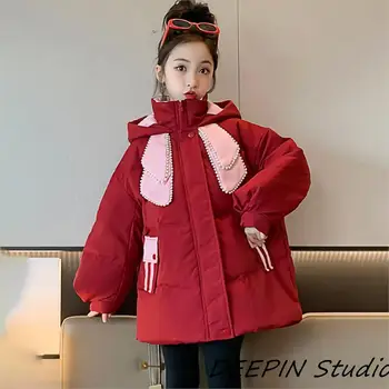 Зимняя теплая куртка для девочек, модная повседневная новинка 2024 года, Детские парки с капюшоном, хлопковое пальто для подростков, милый красный зимний костюм, пальто