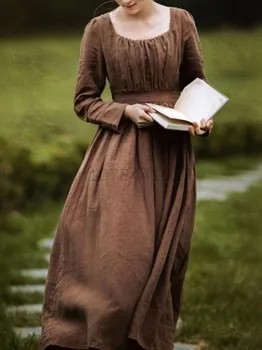 2023 Женское средневековое Викторианское ретро-платье с квадратным воротником и длинными рукавами, французская одежда с высокой талией, коричнево-синее темпераментное длинное платье