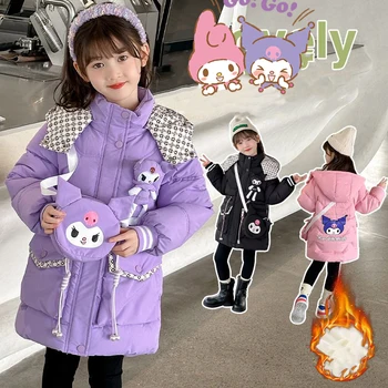 Новый детский пуховик Sanrio Kuromi, хлопковая куртка с рисунком аниме для девочек, бархатный утолщенный топ, зимняя модная теплая верхняя одежда, подарок для детей