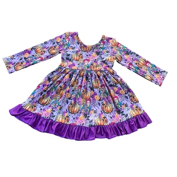 Новая одежда для девочек, платье с длинным рукавом, юбка выше колена, фиолетовая кружевная удлиненная юбка с набивным рисунком, ткань из молочного шелка