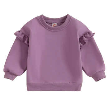 Осенне-зимняя одежда для маленьких девочек, толстовки с длинными рукавами и рюшами, однотонные хлопчатобумажные рубашки с круглым вырезом.