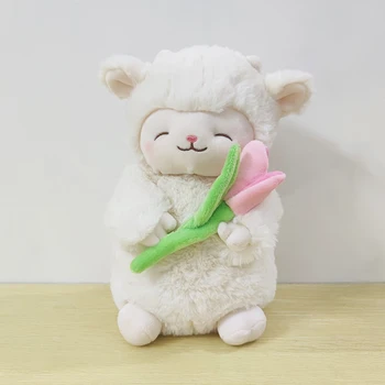 Сладкая белая овечка, держащая цветок тюльпана, мягкая кукла для объятий, плюшевая игрушка, Рождественский подарок для девочки на день рождения, 1шт